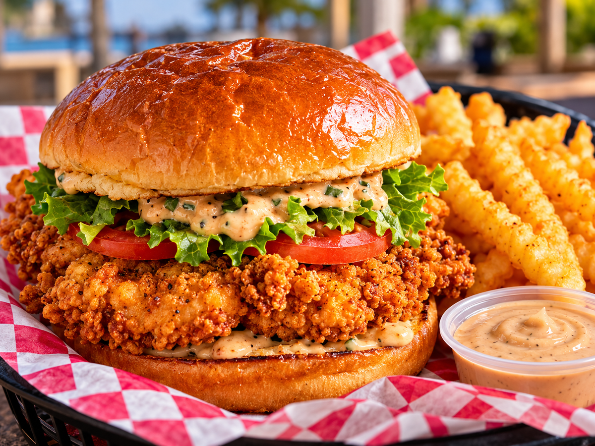 Illustrative chicken sandwich basket with fries