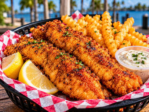 Illustrative fried fish basket with fries and lemon