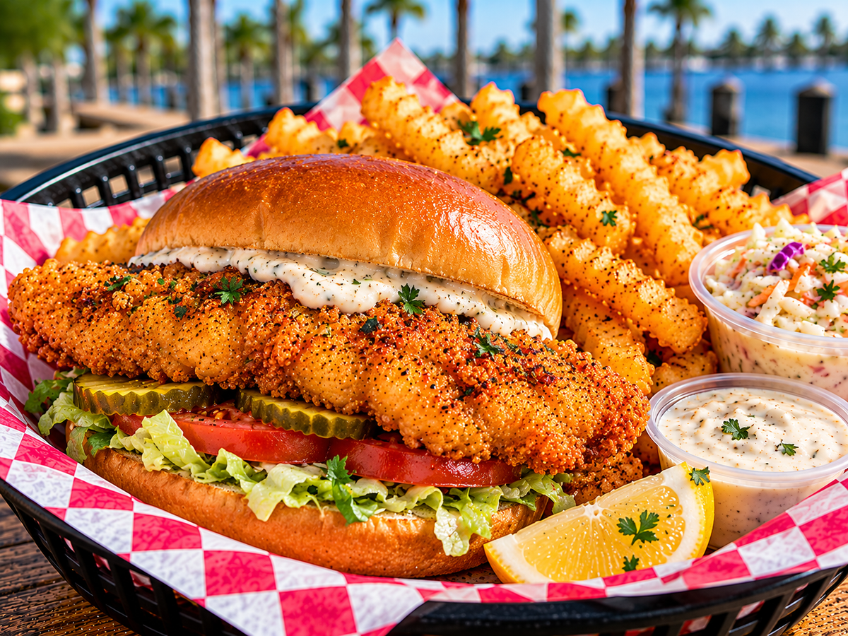 Illustrative crispy fried fish sandwich with fries