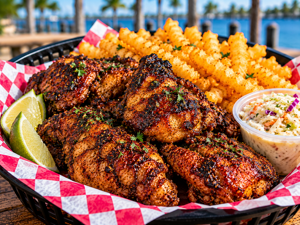 Illustrative jerk chicken basket with fries