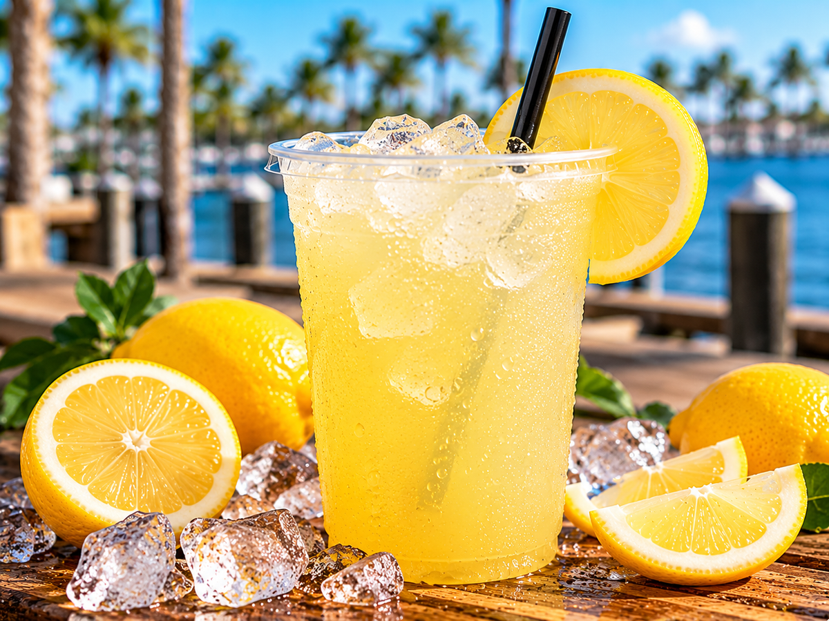 Illustrative iced lemonade with fresh lemons