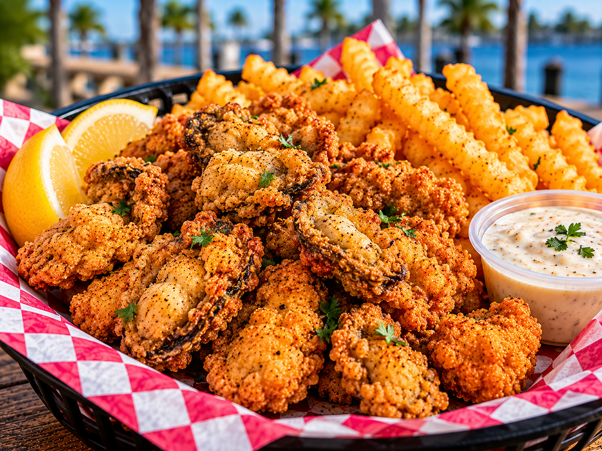 Illustrative crispy fried oyster basket with fries