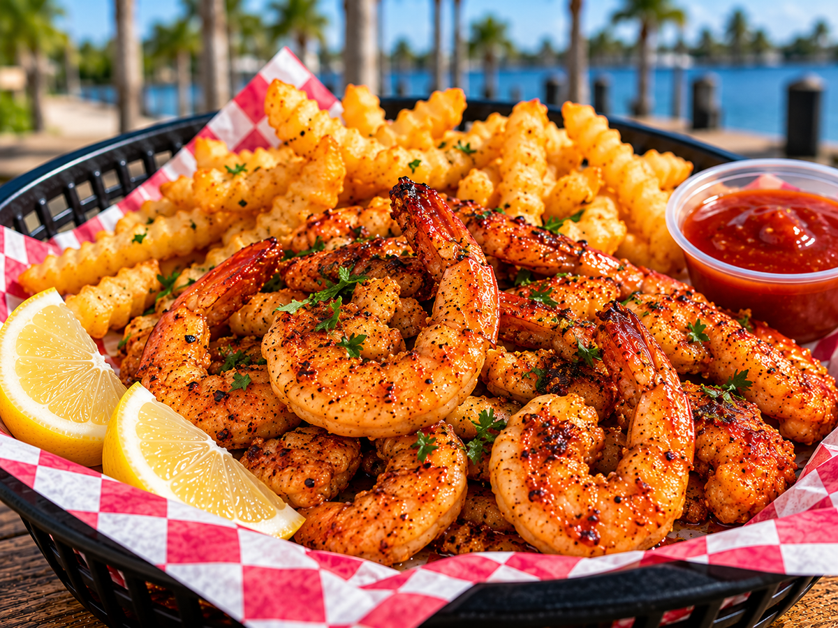 Illustrative seasoned shrimp basket with fries and lemon