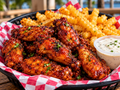 Flavored wings with fries